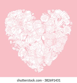 Pastel Floral heart as luxury bouquet with tulips and butterflies. Pink and white. Vector illustration. The best for your design, textiles, posters, coloring book or Valentines Day and wedding card