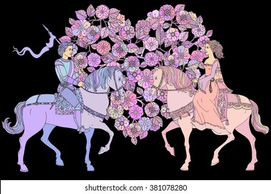Pastel Floral heart with a prince and princess. Pink and black. Vector illustration. The best for your design, textiles, posters or Valentines Day and wedding card