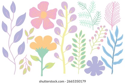 Pastel floral and leaf elements. Hand drawn floral set vector illustration