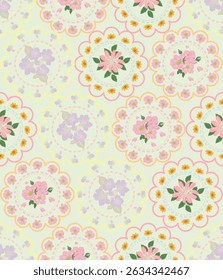 Pastel Floral Medallion Seamless Pattern. Soft Romantic Vintage Style. Vintage pattern in small flowers. Millefleurs. Floral sweet seamless background for textile, fabric, covers, background