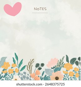 Pastel Floral Notes Template com coração

Vetor bonito com flores pastel, ícone do coração e fundo de aquarela. Perfeito para diários, planejadores ou impressos. Estética, mínima e totalmente editável.
