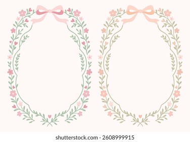 Pastel Floral Oval Frame with Ribbon Bow Illustration Set