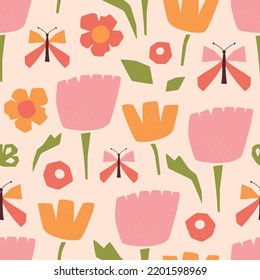 Pastel floral paper cut shapes. Summer abstract geometric flowers, meadow seamless pattern. Summer collage flowers. Floral background. Contemporary collage design. Vector illustration. Simple shapes.