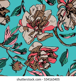Pastel floral pattern graphic lines flowers on a blue green. Hand painting peony colorful blossom background