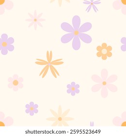Pastel floral pattern with pale yellow background. Flowers of different sizes, mostly purple and peach, with soft rounded petals. Patterns are scattered chaotically, creating a light, spring atmospher