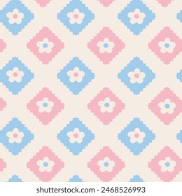 Pastel Floral Pattern with Pink and Blue Diamonds. Cute Seamless Pattern with Pastel Flowers in Pink and Blue.