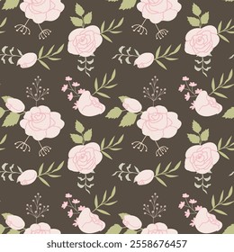 Pastel floral pattern with pink roses and green leaves on brown background.