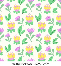 Pastel Floral Pattern, seamless print, motif, floral design, flowers pattern, colorful, abstract flowers, summer, spring, botanical, nature, hand-drawn vector, for fabric, textiles, print, background