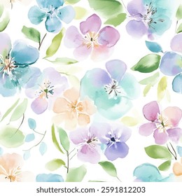 Pastel floral pattern with soft blue, purple, and green flowers on a white background. watercolor flower seamless pattern. Watercolor print in rustic vintage style, textile or wallpapers.