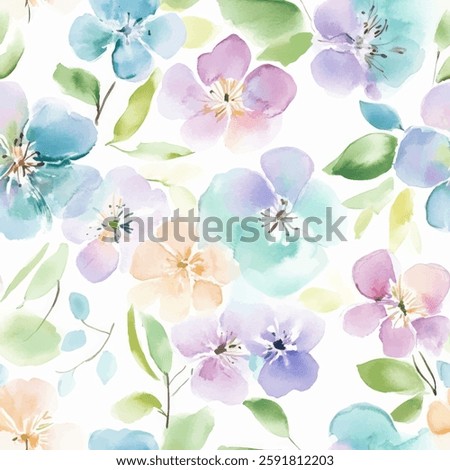 Pastel floral pattern with soft blue, purple, and green flowers on a white background. watercolor flower seamless pattern. Watercolor print in rustic vintage style, textile or wallpapers.