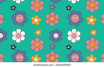 Patrón floral pastel al estilo de los años 70 con flores de margarita. Diseño de Vector floral retro. Estilo de los años 60, 70, 80