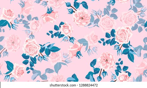 Pastel Floral Pattern, Vintage Pink Roses in Watercolor Style. Wedding Print, Retro Flowers Background, Rustic Design. Floral Seamless Pattern in Pastel Colors. Feminine Floral Fashion Illustration.