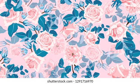 Pastel Floral Pattern, Vintage Pink Roses in Watercolor Style. Wedding Print, Retro Flowers Background, Rustic Design. Floral Seamless Pattern in Pastel Colors. Feminine Floral Fashion Illustration.