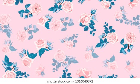 Pastel Floral Pattern, Vintage Pink Roses in Watercolor Style. Wedding Print, Retro Flowers Background, Rustic Design. Floral Seamless Pattern in Pastel Colors. Feminine Floral Fashion Illustration.