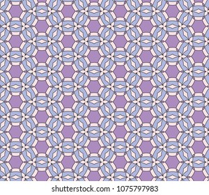 Pastel floral seamless lace pattern. Geometric soft purple blue mosaic background. Oriental ornament. Easy to use vector design template for invitations, greeting cards, textile, wallpapers, etc.