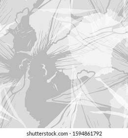 Pastel Floral Seamless Pattern. Artistic Petals Print. Gray Elegant Flowers Surface. Soft Botanical Vector Motif. Blooming Texture For Fashion. Drawing Abstract Bloom Deco. Trends Delicate Background.