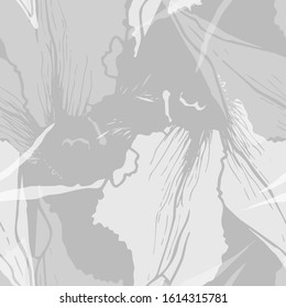 Pastel Floral Seamless Pattern. Artistic Petals Print. Gray Elegant Flowers Surface. Soft Botanical Vector Motif. Blooming Texture For Fashion. Drawing Abstract Bloom Deco. Trends Delicate Background.