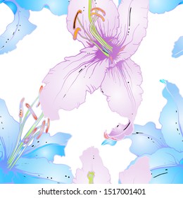 Pastel Floral Seamless Pattern. Delicate Botanical Vector Motif. Blooming Texture For Fashion Prints. Outline Lily Flowers Surface. Hand Drawn Design. Elegant Sketches Drawing Illustrated.
