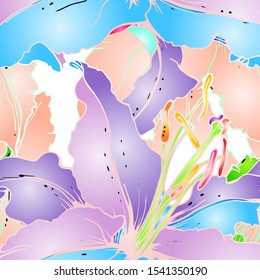 Pastel Floral Seamless Pattern. Delicate Botanical Vector Motif. Blooming Texture For Fashion Prints. Outline Lily Flowers Surface. Hand Drawn Design. Elegant Sketches Drawing Illustrated.