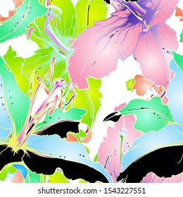 Pastel Floral Seamless Pattern. Delicate Botanical Vector Motif. Blooming Texture For Fashion Prints. Outline Lily Flowers Surface. Art Ornament. Elegant Sketches Drawing Illustrated.