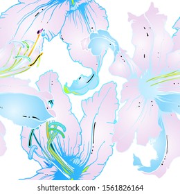Pastel Floral Seamless Pattern. Delicate Botanical Vector Motif. Blooming Texture For Fashion Prints. Outline Lily Flowers Surface. Summer Motif. Elegant Sketches Drawing Illustrated.