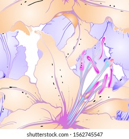Pastel Floral Seamless Pattern. Delicate Botanical Vector Motif. Blooming Texture For Fashion Prints. Outline Lily Flowers Surface. Hand Drawn Ornament. Elegant Sketches Drawing Illustrated.