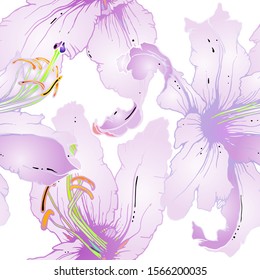 Pastel Floral Seamless Pattern. Delicate Botanical Vector Motif. Blooming Texture For Fashion Prints. Outline Lily Flowers Surface. Style Ornament. 