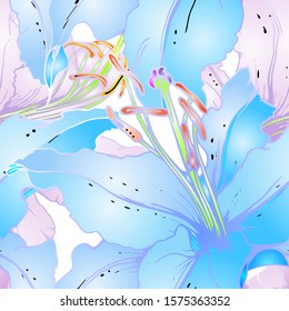 Pastel Floral Seamless Pattern. Delicate Botanical Vector Motif. Blooming Texture For Fashion Prints. Outline Lily Flowers Surface. Summer Motif. Elegant Sketches Drawing Illustrated.