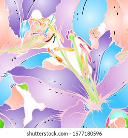 Pastel Floral Seamless Pattern. Delicate Botanical Vector Motif. Blooming Texture For Fashion Prints. Outline Lily Flowers Surface. Summer Background. Elegant Sketches Drawing Illustrated.