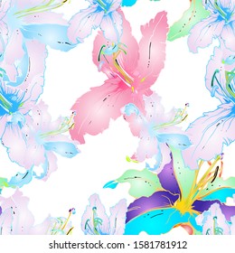 Pastel Floral Seamless Pattern. Delicate Botanical Vector Motif. Blooming Texture For Fashion Prints. Outline Lily Flowers Surface. Style Background. Elegant Sketches Drawing Illustrated.