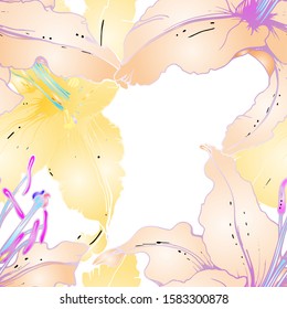 Pastel Floral Seamless Pattern. Delicate Botanical Vector Motif. Blooming Texture For Fashion Prints. Outline Lily Flowers Surface. Hand Drawn Background. Elegant Sketches Drawing Illustrated.