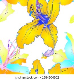 Pastel Floral Seamless Pattern. Delicate Botanical Vector Motif. Blooming Texture For Fashion Prints. Outline Lily Flowers Surface. Summer Design. Elegant Sketches Drawing Illustrated.