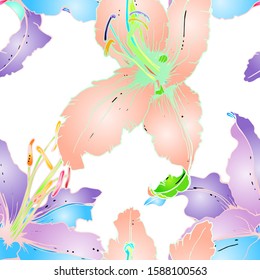 Pastel Floral Seamless Pattern. Delicate Botanical Vector Motif. Blooming Texture For Fashion Prints. Outline Lily Flowers Surface. Hand Drawn Ornament. Elegant Sketches Drawing Illustrated.