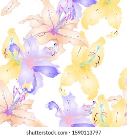 Pastel Floral Seamless Pattern. Delicate Botanical Vector Motif. Blooming Texture For Fashion Prints. Outline Lily Flowers Surface. Hand Drawn Ornament. Elegant Sketches Drawing Illustrated.