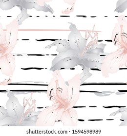Pastel Floral Seamless Pattern. Delicate Botanical Vector Motif. Blooming Texture For Fashion Prints. Outline Lily Flowers Surface. Stripe Line Summer Ornament. Elegant Sketches Drawing Illustrated.