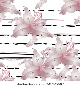 Pastel Floral Seamless Pattern. Delicate Botanical Vector Motif. Blooming Texture For Fashion Prints. Outline Lily Flowers Surface. Stripe Line Summer Ornament. Elegant Sketches Drawing Illustrated.