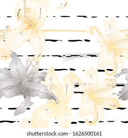 Pastel Floral Seamless Pattern. Delicate Botanical Vector Motif. Blooming Texture For Fashion Prints. Outline Lily Flowers Surface. Stripe Line Summer Ornament. Elegant Sketches Drawing Illustrated.