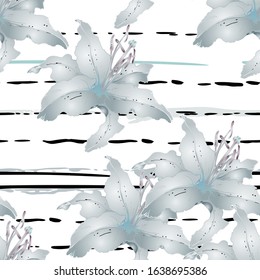 Pastel Floral Seamless Pattern. Delicate Botanical Vector Motif. Blooming Texture For Fashion Prints. Outline Lily Flowers Surface. Stripe Line Summer Ornament. Elegant Sketches Drawing Illustrated.