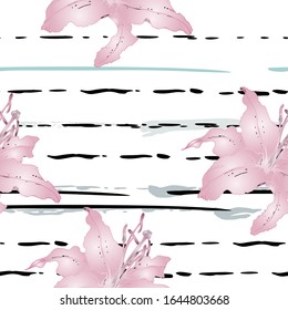 Pastel Floral Seamless Pattern. Delicate Botanical Vector Motif. Blooming Texture For Fashion Prints. Outline Lily Flowers Surface. Stripe Line Summer Ornament. Elegant Sketches Drawing Illustrated.