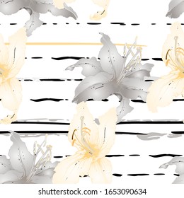 Pastel Floral Seamless Pattern. Delicate Botanical Vector Motif. Blooming Texture For Fashion Prints. Outline Lily Flowers Surface. Stripe Line Summer Ornament. Elegant Sketches Drawing Illustrated.