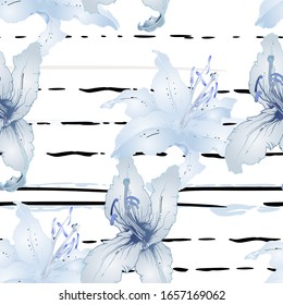 Pastel Floral Seamless Pattern. Delicate Botanical Vector Motif. Blooming Texture For Fashion Prints. Outline Lily Flowers Surface. Stripe Line Summer Ornament. Elegant Sketches Drawing Illustrated.
