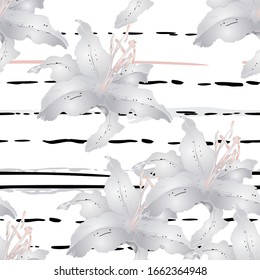 Pastel Floral Seamless Pattern. Delicate Botanical Vector Motif. Blooming Texture For Fashion Prints. Outline Lily Flowers Surface. Stripe Line Summer Ornament. Elegant Sketches Drawing Illustrated.