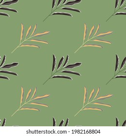 Pastel floral seamless pattern with hand drawn absract simple lead ornament. Green background. Designed for fabric design, textile print, wrapping, cover. Vector illustration.