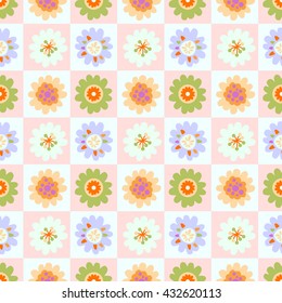 Pastel floral seamless pattern with soft pink color checkerboard tile background. Vector illustration for textiles, home decor, wallpapers design