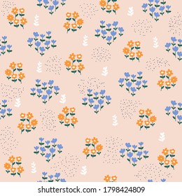 Pastel floral seamless pattern. Summer cute print. Vector hand drawn illustration.