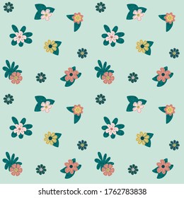 Pastel floral seamless pattern, vector. Digital paper with pink and yellow flowers with green leaves on light blue, mint background. Summer print for fabric, wrapping paper, baby apparel. EPS10.