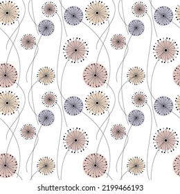 Pastel floral seamless pattern vector. Abstract dandelion flower illustration. Botanical linear backdrop. Wallpaper, background, fabric, textile, print, wrapping paper or package design.