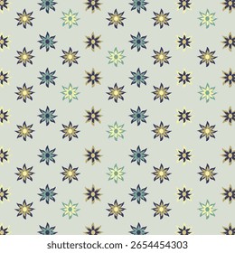 Pastel floral star seamless pattern on soft grey base with subtle yellow and blue tones. Perfect for art and crafts, digital paper, fabric printing, textile printing, packaging, scrapbooking, gift wra