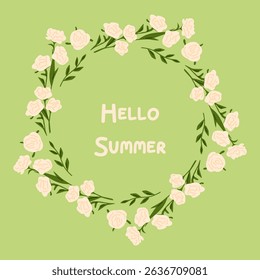 Pastel Floral Summer Wreath Frame. Delicate round wreath made of pastel cream flowers and green leaves on a soft green background. Flat cartoon illustration, hand-drawn style, floral decorative compos