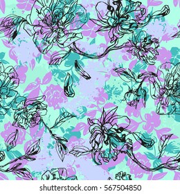 Pastel floral trendy colour pattern flowers roses graphic background. Silhouette floral pattern roses and peonies.